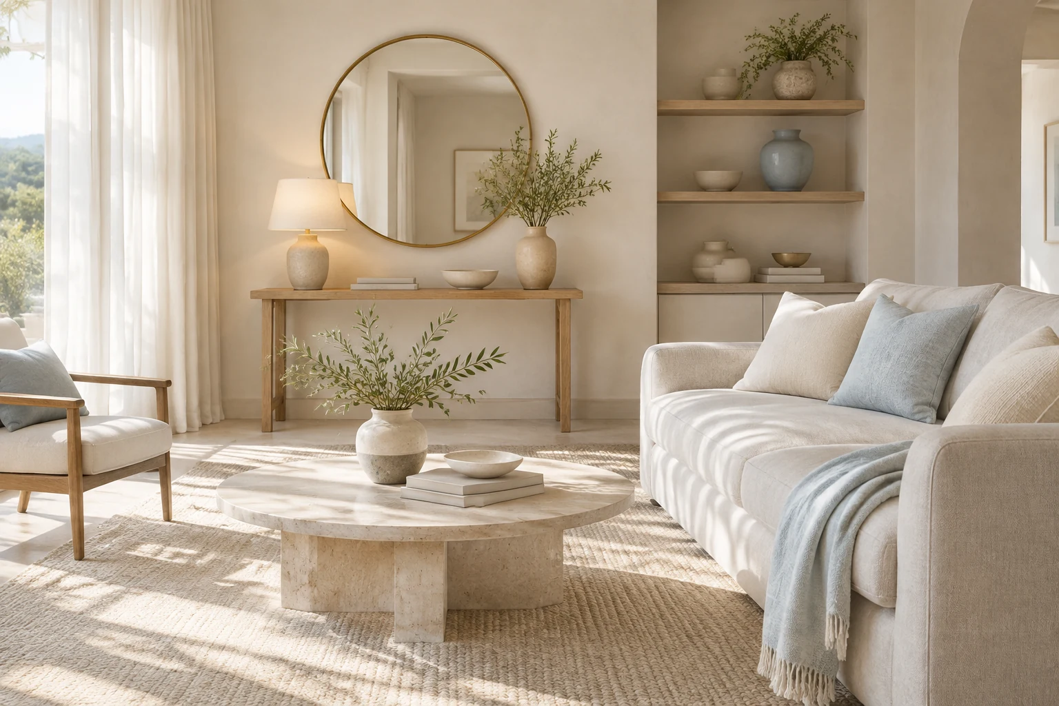 Bright living room with a round mirror over an oak console, linen sofa and glowing lamp