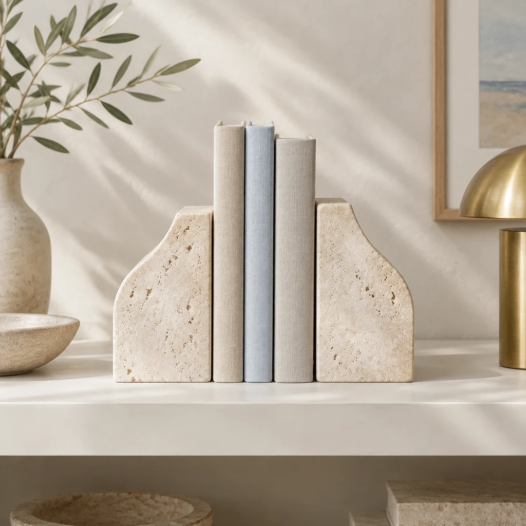 Travertine bookends holding linen-bound books