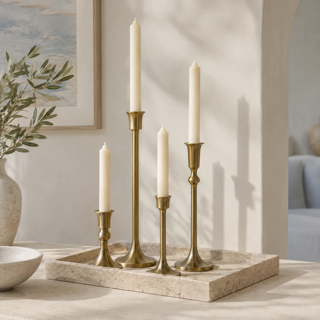 Brass candle holders with ivory taper candles on a travertine tray