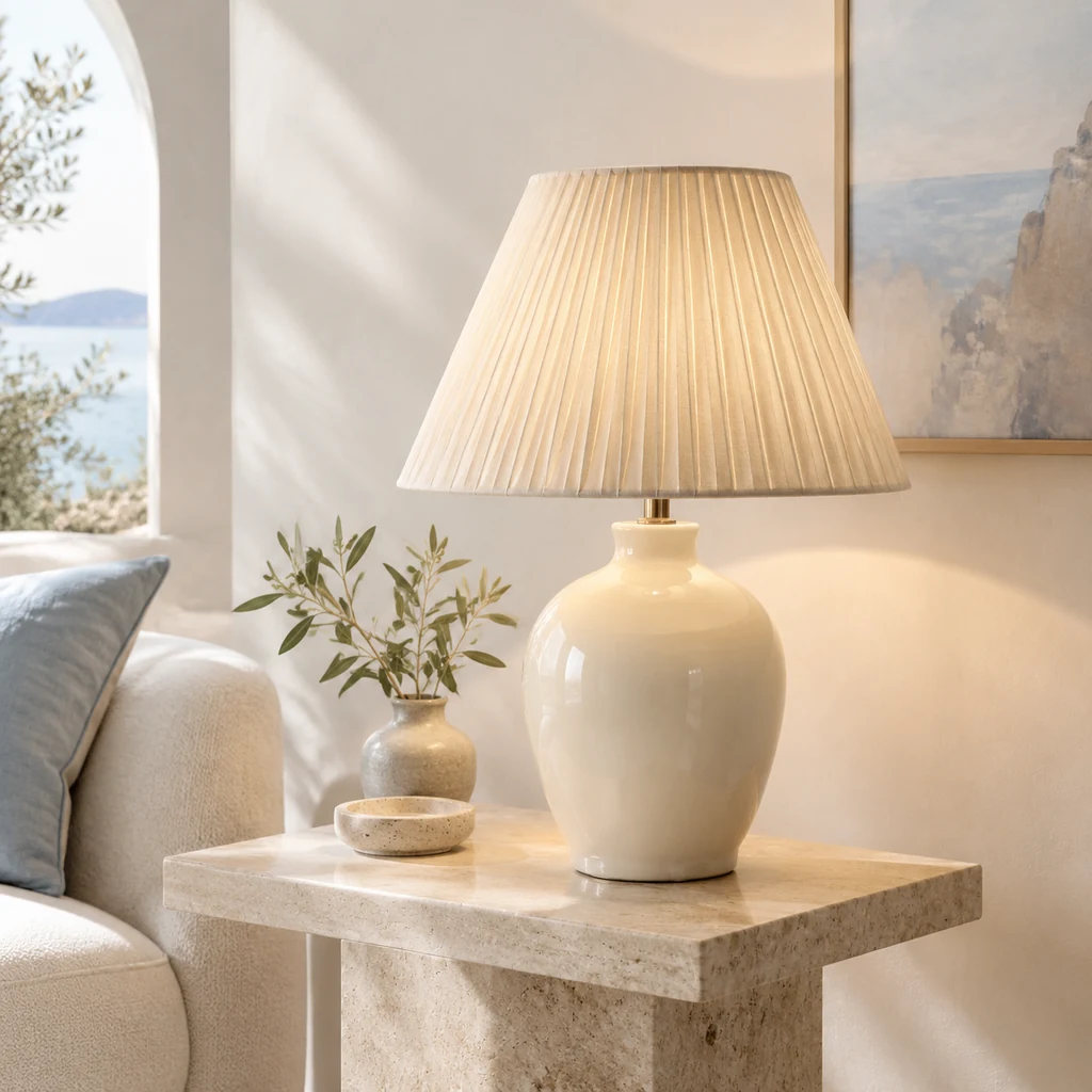 Ivory ceramic table lamp with a pleated linen shade