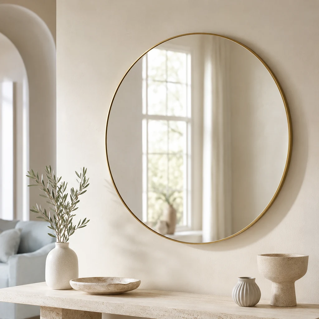 Round brass-framed wall mirror on an ivory wall