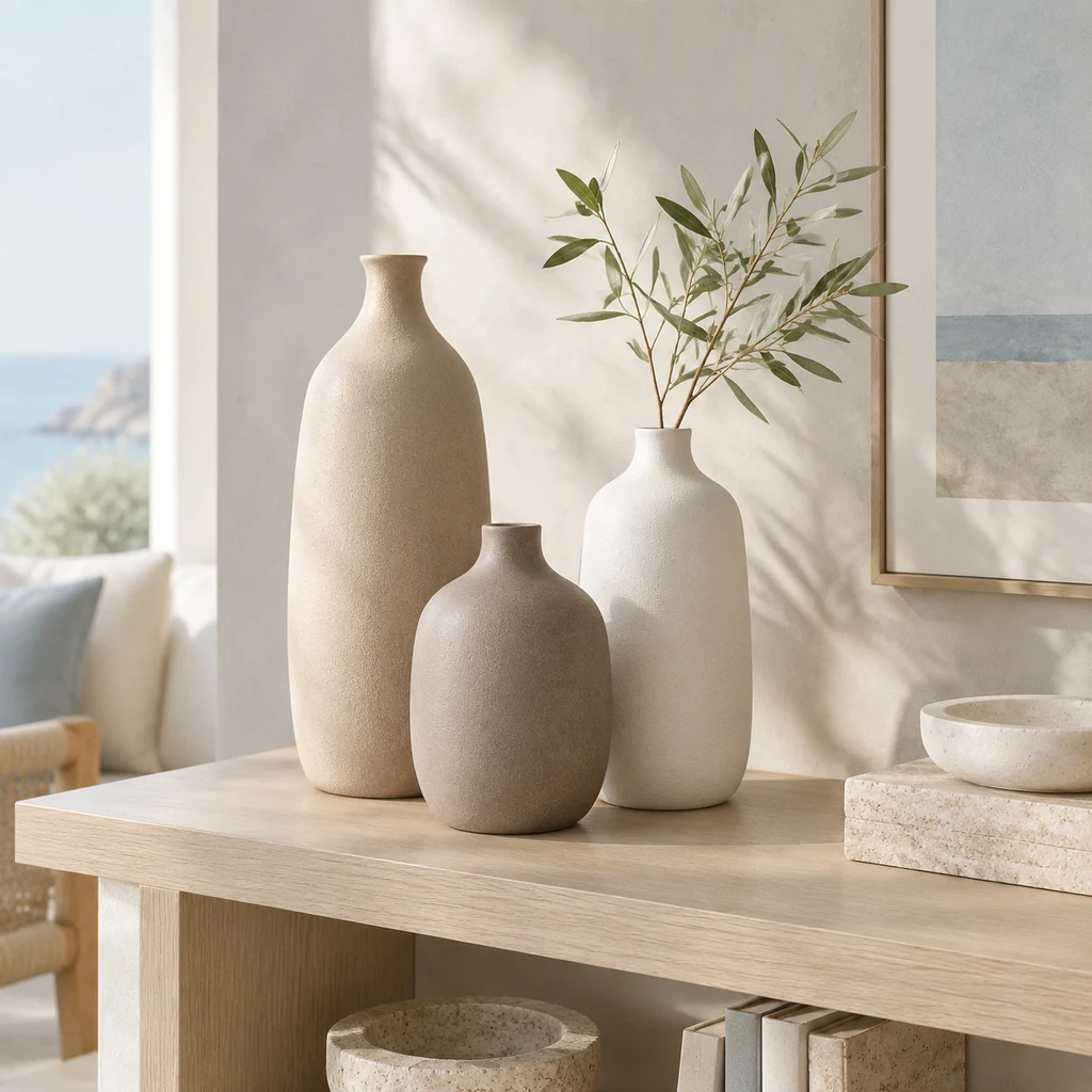 Three matte stoneware vases on an oak shelf