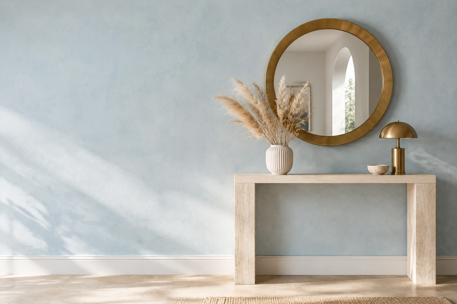 Round brass mirror above a travertine console with a ceramic vase and a small lamp against a pale blue wall