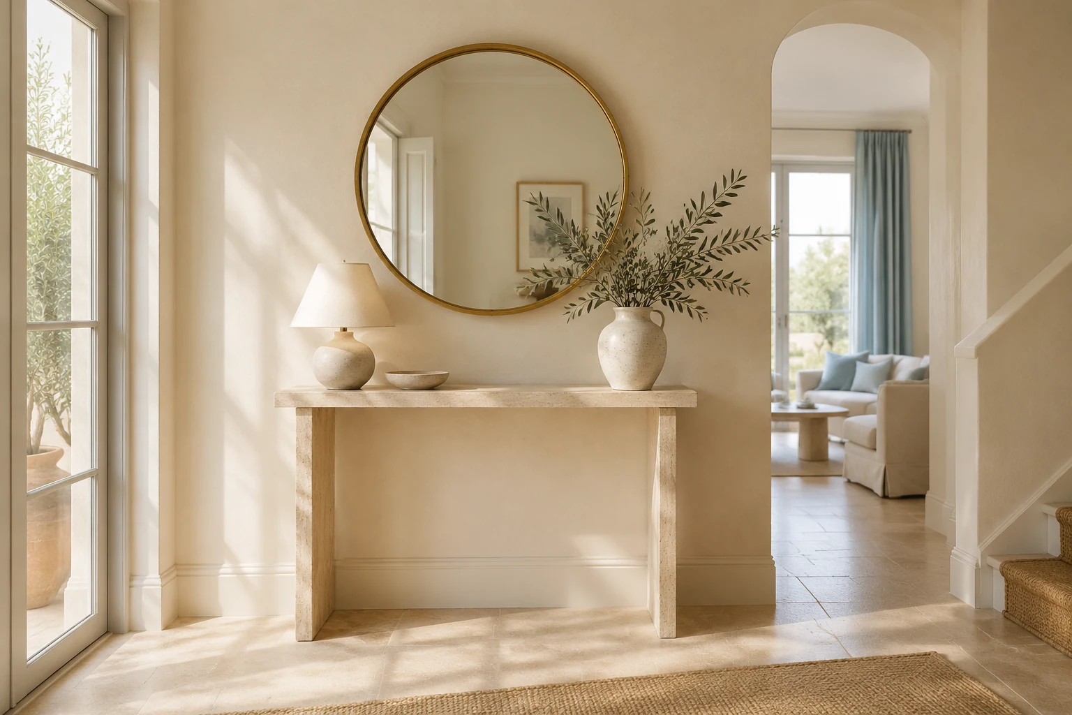 Hallway with a round brass mirror above a travertine console