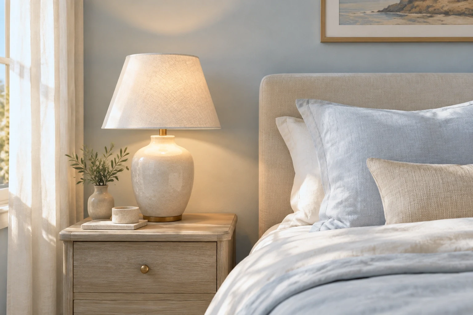 Ceramic lamp glowing on a bedside table beside linen bedding