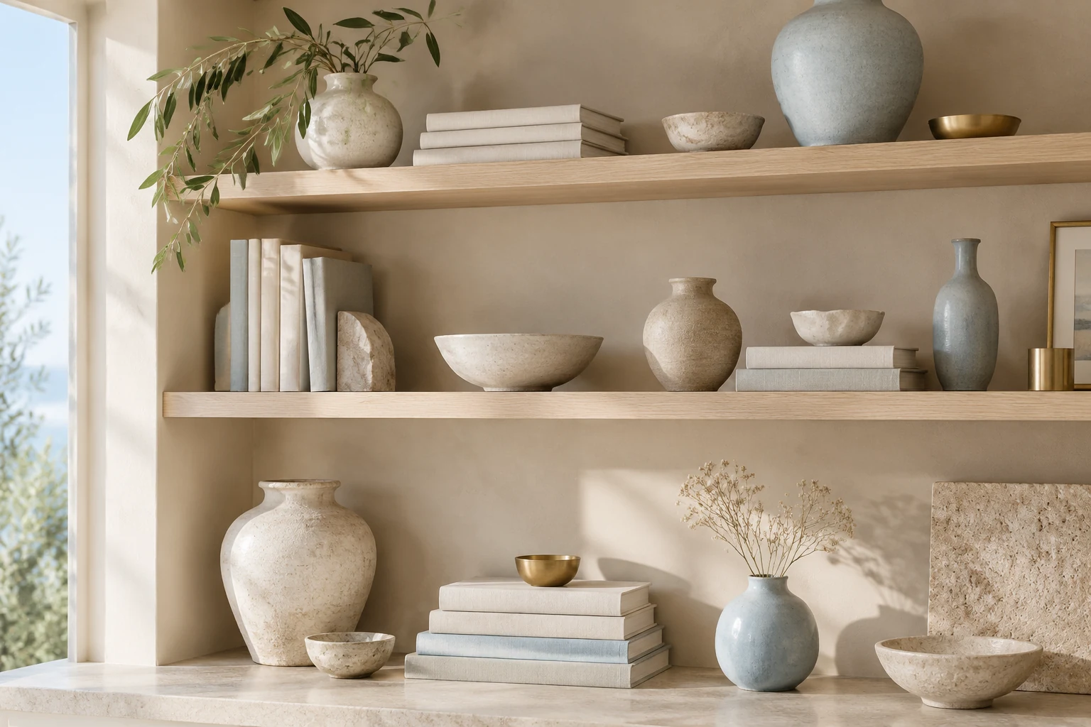 Oak wall shelves styled with ceramic vases and bowls
