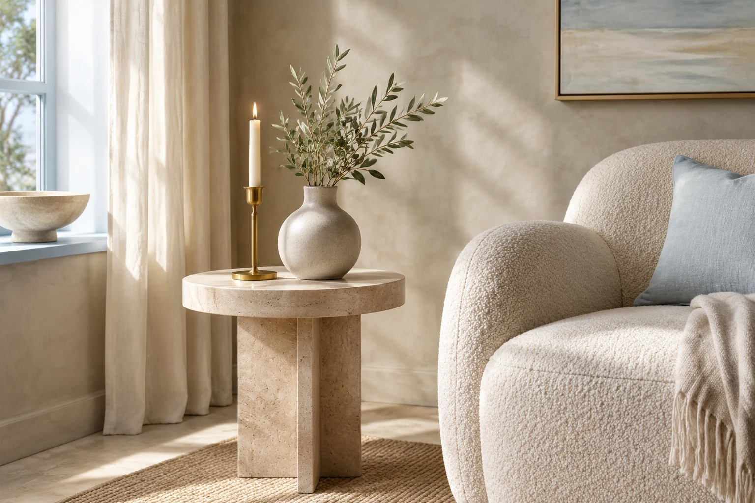 Travertine side table beside a boucle armchair with a vase and candle holder
