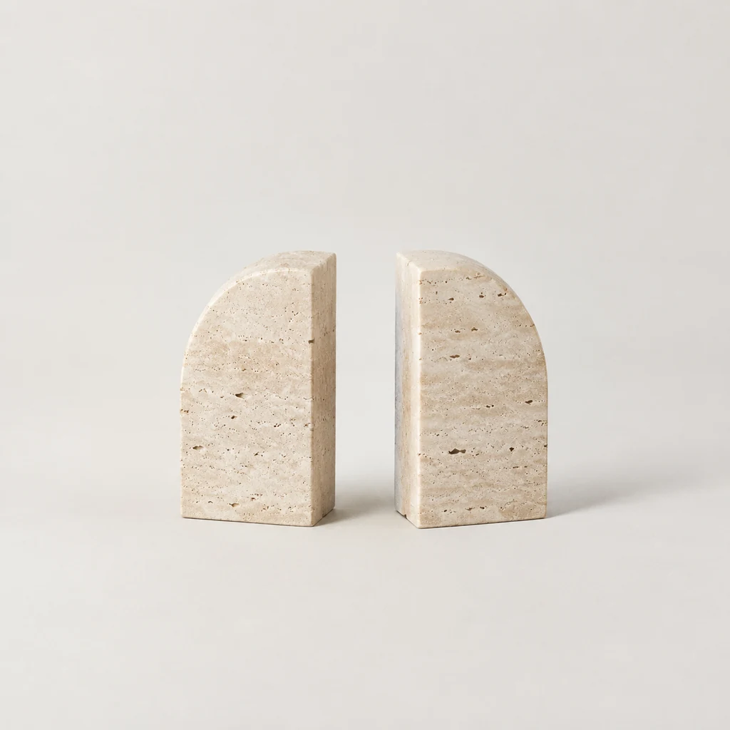 Pair of solid cream travertine block bookends