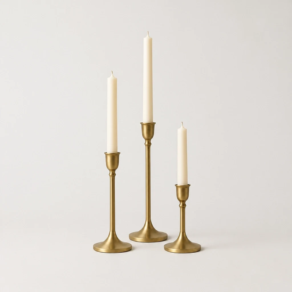 Three brushed brass candlesticks of different heights