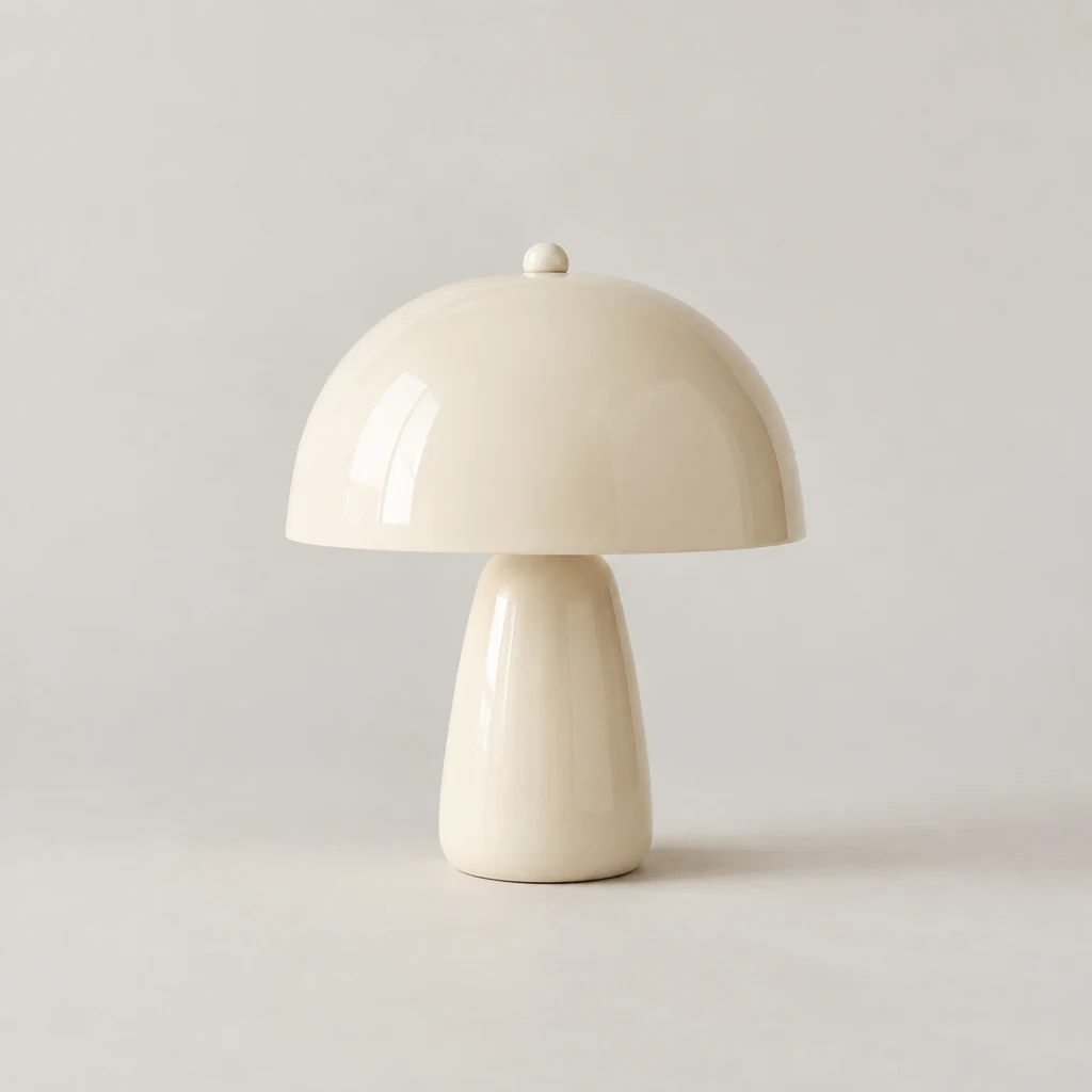 Glossy ivory ceramic mushroom-shaped table lamp
