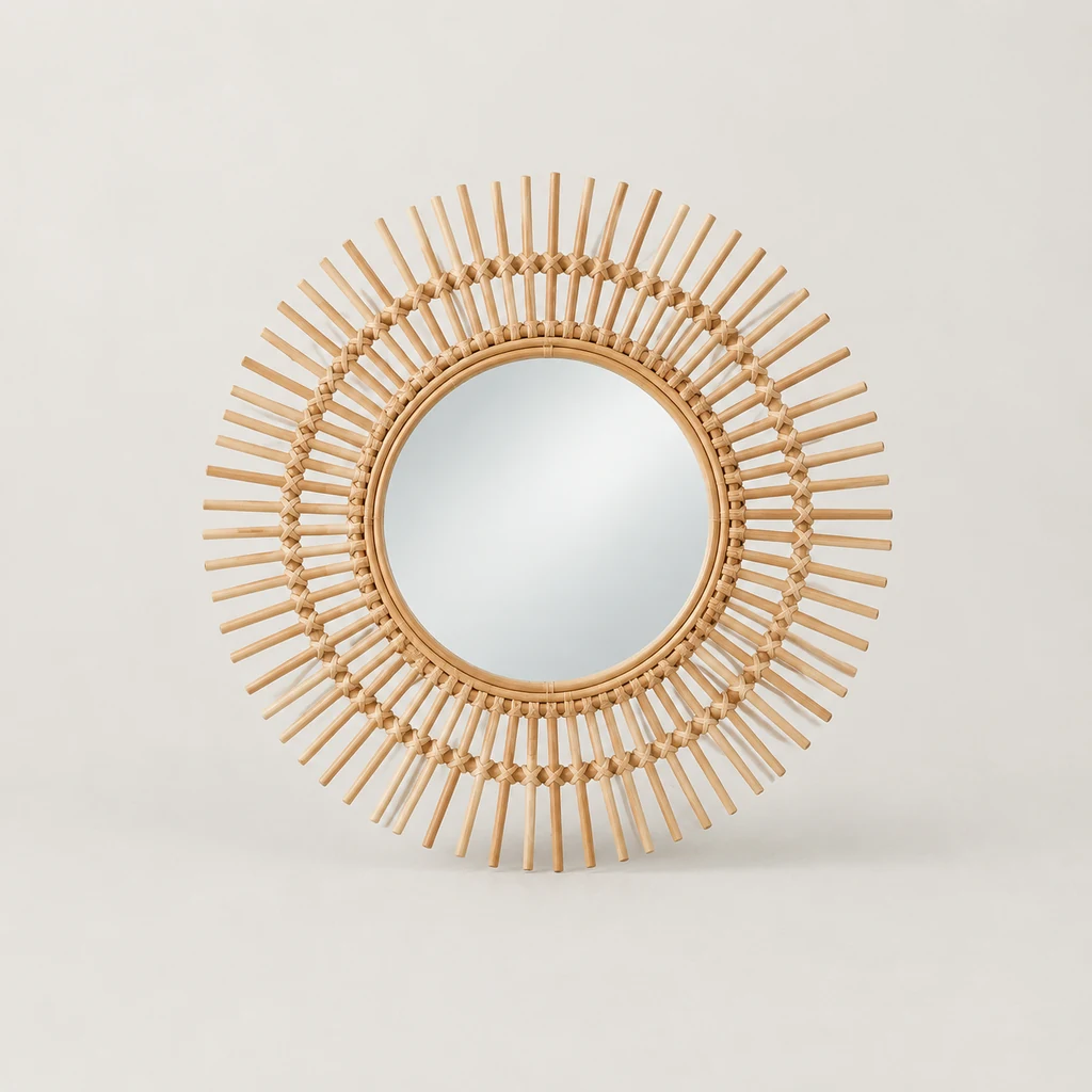 Round sunburst mirror with a natural rattan frame