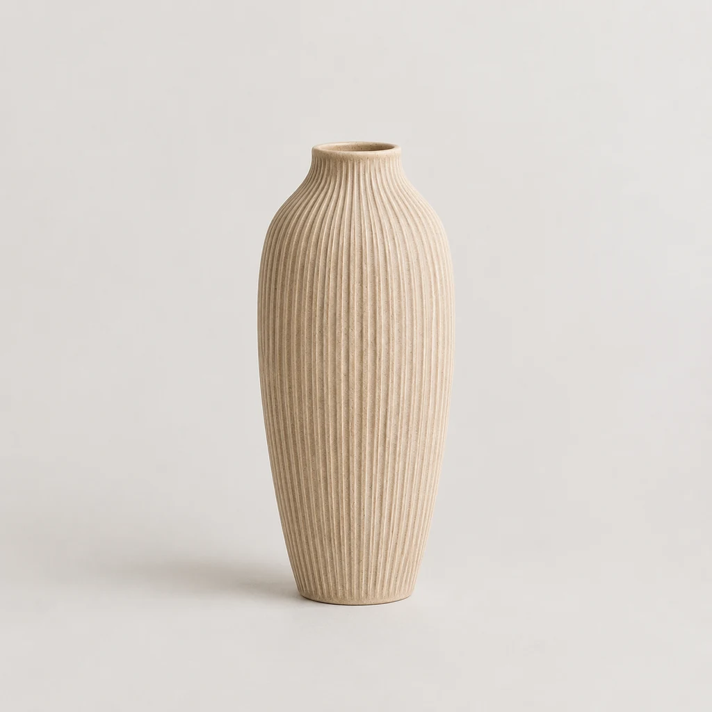Tall sand-coloured stoneware vase with vertical ribs