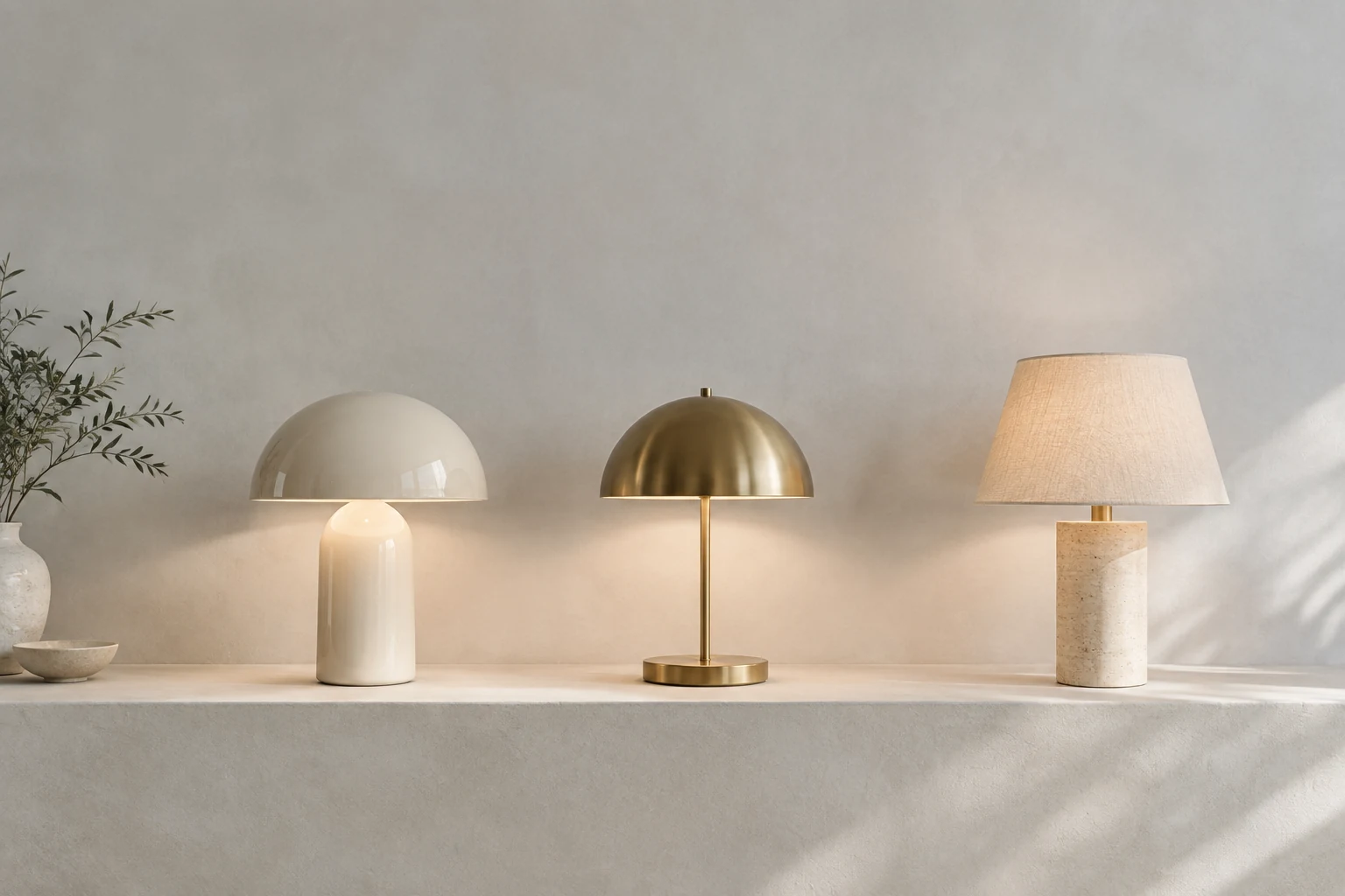 Three glowing table lamps in ceramic, brass and travertine on a pale shelf