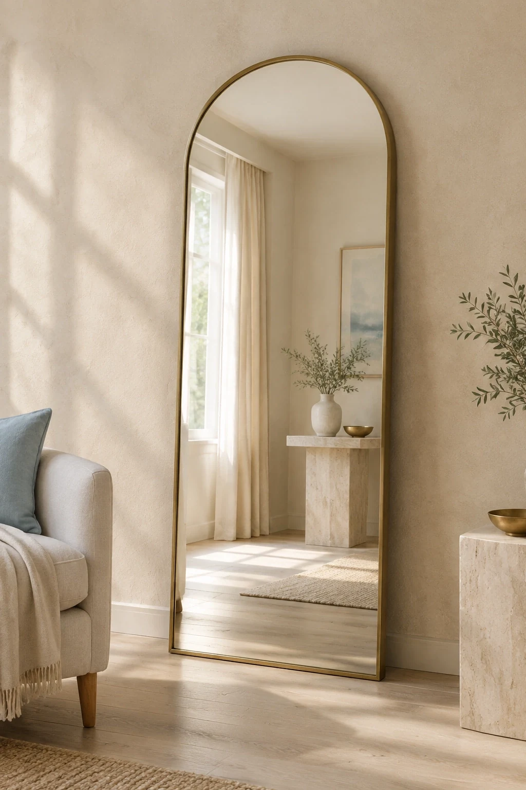 Tall arched brass mirror leaning against a sand-coloured wall