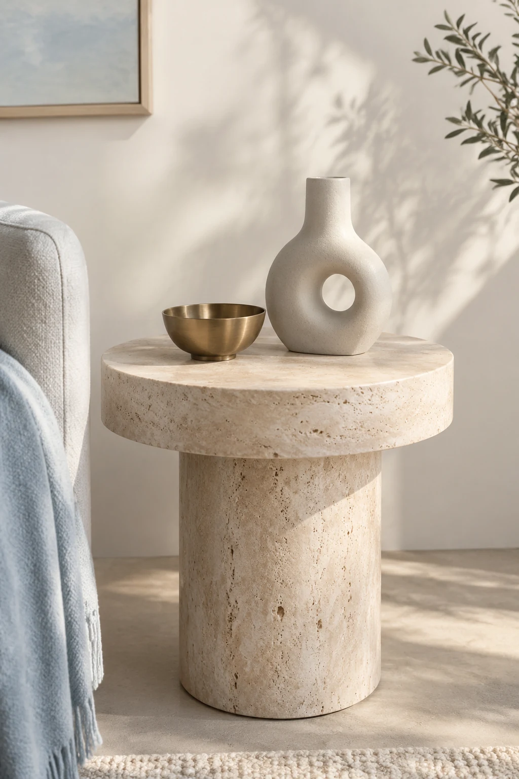 Honed travertine side table with a brass bowl and ceramic sculpture