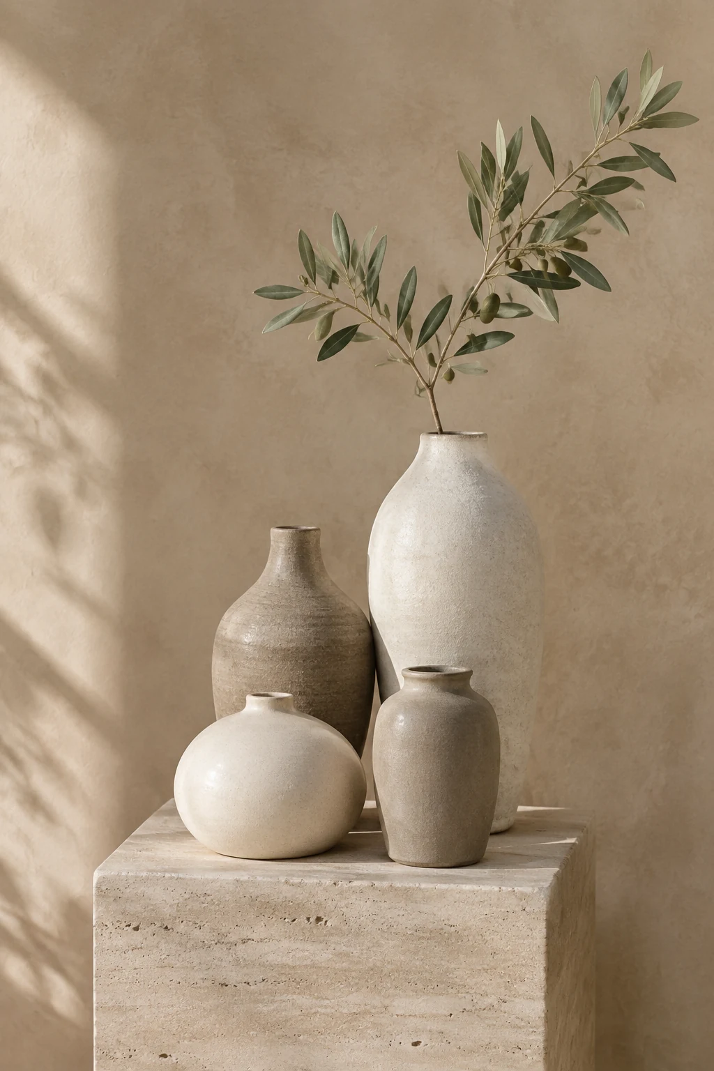 Cluster of stoneware vases with an olive branch on a travertine plinth